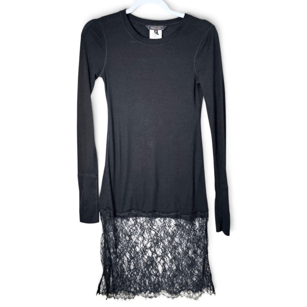 BCBGMAXAZRIA Tunic Top Women M Black Excellent Lace Hem Ribbed Long Sleeve